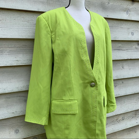 Vintage 80s Neon Lime Green Embellished Bejeweled 2 Piece Coordinated Skirt Set - Picture 4 of 16